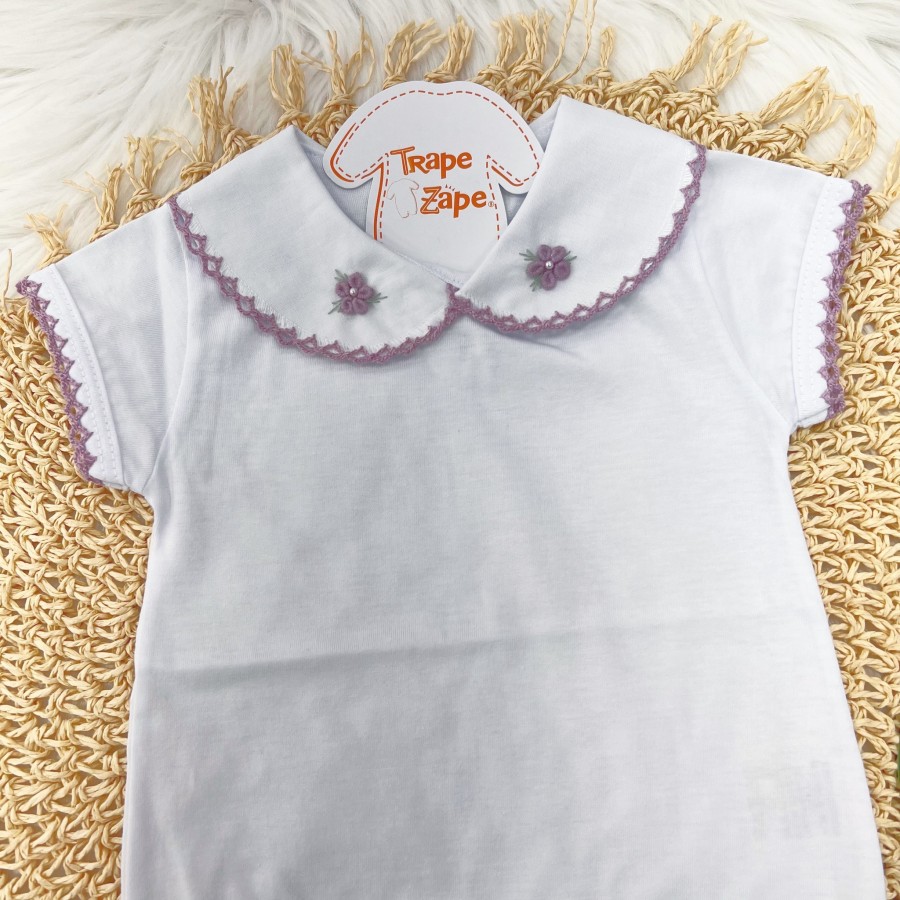 Body gola Bordada manga curta- Duas flores Lilás